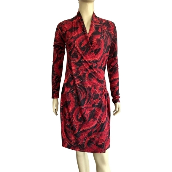 Norma Kamali red feather print wrap dress V-neck Designer Women's size large - Picture 1 of 6